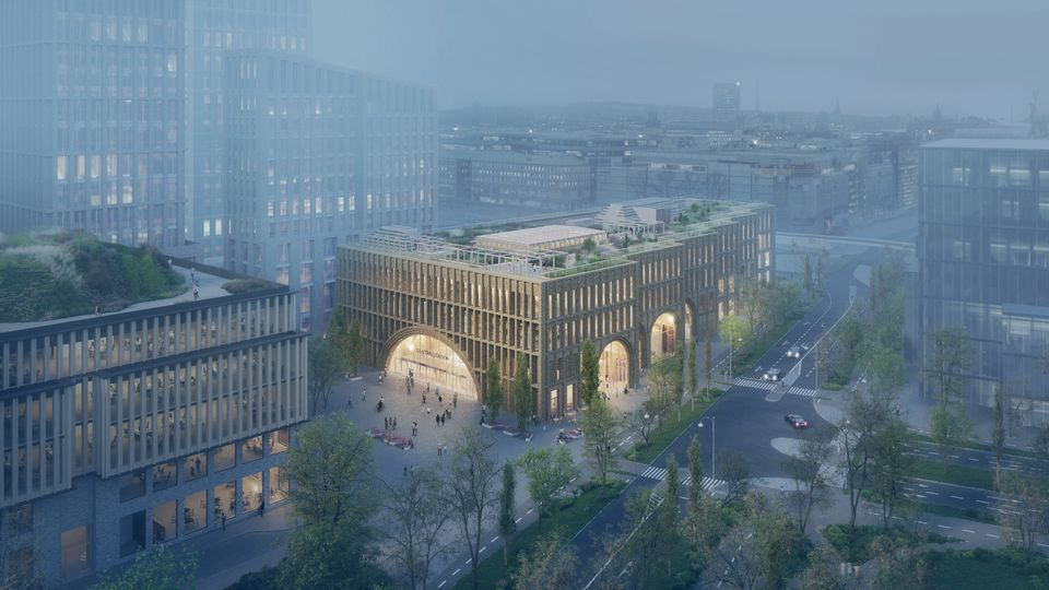 Illustration av Grand Central. En guldgul byggnad som lyser upp den annars mörka bilden.