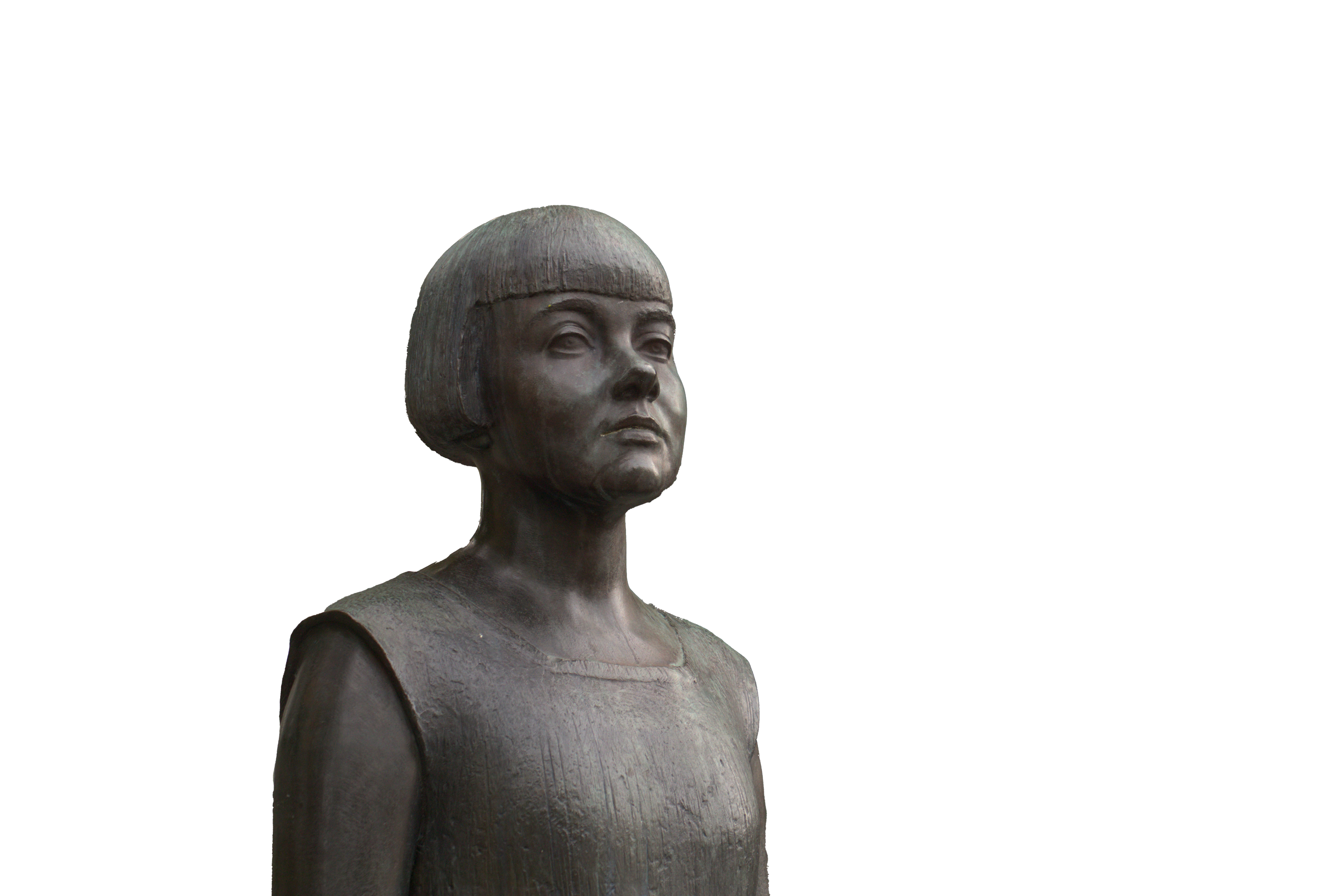 Staty föreställande Karin Boye, med kortklippt frisyr och lugg, iklädd en klänning.