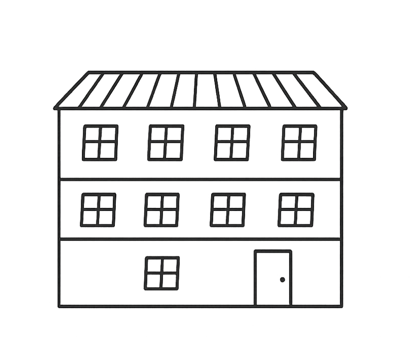En svartvit tecknad bild av ett hus med tre våningar.