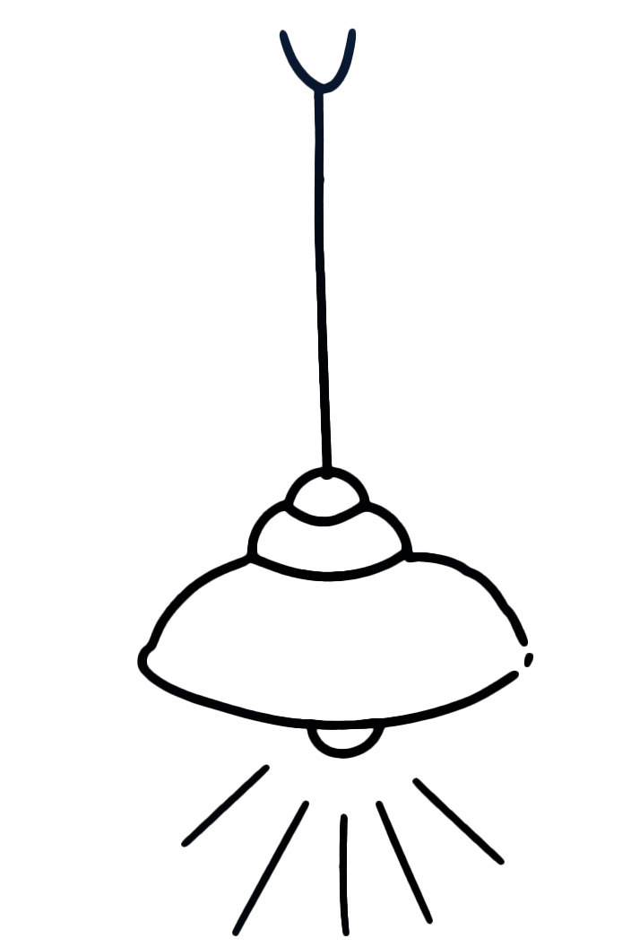 Svartvit tecknad bild av en lampa.